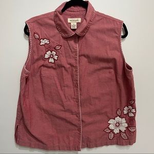 Bechamel Womens XL red Sleeveless floral embroidered blouse top button down